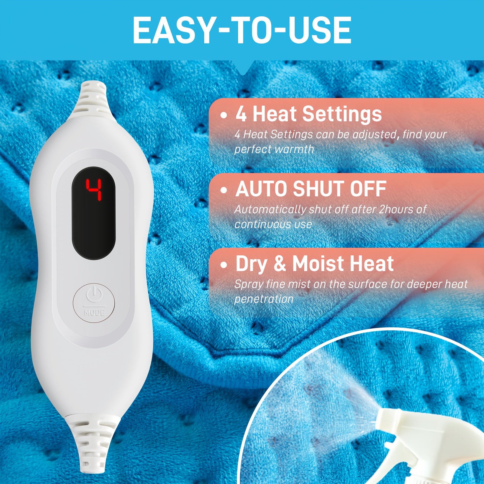 Electric Heating Pad, 4 Heat Setting, Auto Shut-Off, 12" X 24", Large Heating Pad, Heater for Bedroom, Bedroom Comfort, Therapeutic Heat, Minimalist Style, Contemporary Design, Safe Material, Easy to Clean, Portable Heater, Adjustable Heat Setting, Home