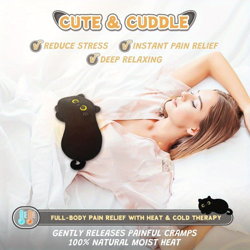 Black Cat Microwavable Heating Pad - Plush Stuffed Animal with Warmth for Cramps & Period, Menstrual Comfort, Soft Fluffy Ears & Paws, Microwaveable Heat Pad for Women & Girls, Cozy Cuddle Companion, Hand Wash Only, Ideal Gift for Cat Lovers, Cramp, Cute