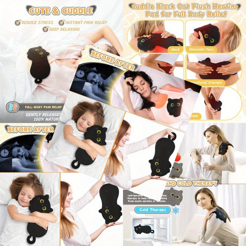 Black Cat Microwavable Heating Pad - Plush Stuffed Animal with Warmth for Cramps & Period, Menstrual Comfort, Soft Fluffy Ears & Paws, Microwaveable Heat Pad for Women & Girls, Cozy Cuddle Companion, Hand Wash Only, Ideal Gift for Cat Lovers, Cramp, Cute
