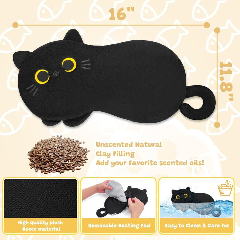 Black Cat Microwavable Heating Pad - Plush Stuffed Animal with Warmth for Cramps & Period, Menstrual Comfort, Soft Fluffy Ears & Paws, Microwaveable Heat Pad for Women & Girls, Cozy Cuddle Companion, Hand Wash Only, Ideal Gift for Cat Lovers, Cramp, Cute